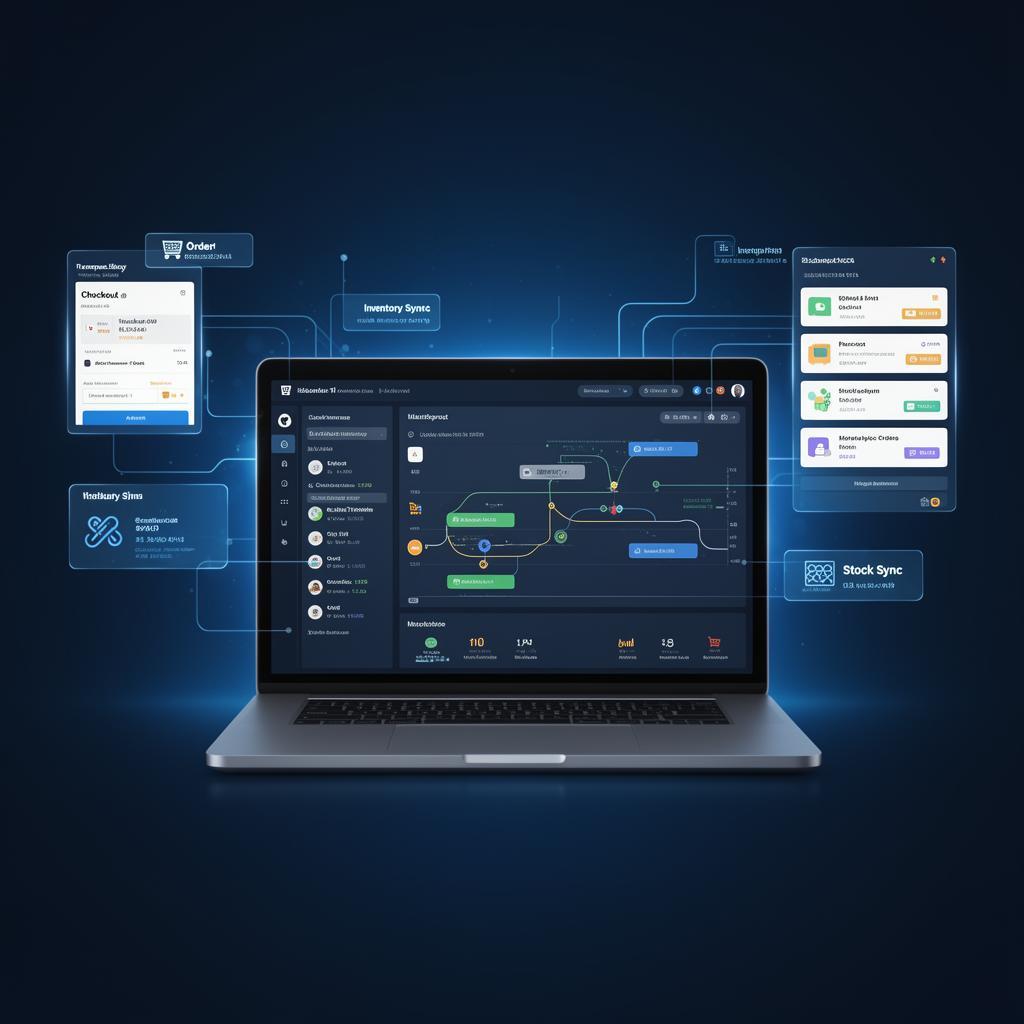 Composição enterprise mostrando dashboard do Presence Connect com integração entre ecommerce, ERP e marketplaces