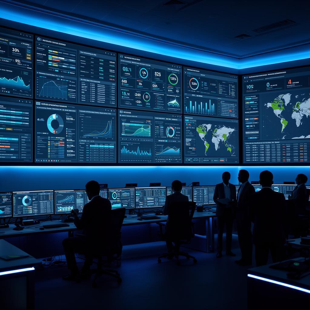 Sala de monitoramento executivo com dashboards do Presence Eye